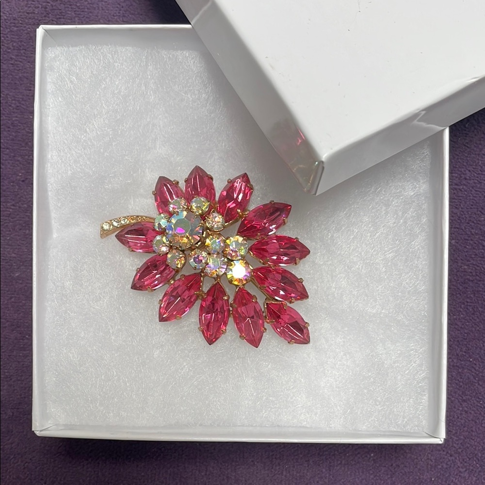 Pink and Gold Floral Brooch with Sparkling Rhinestones